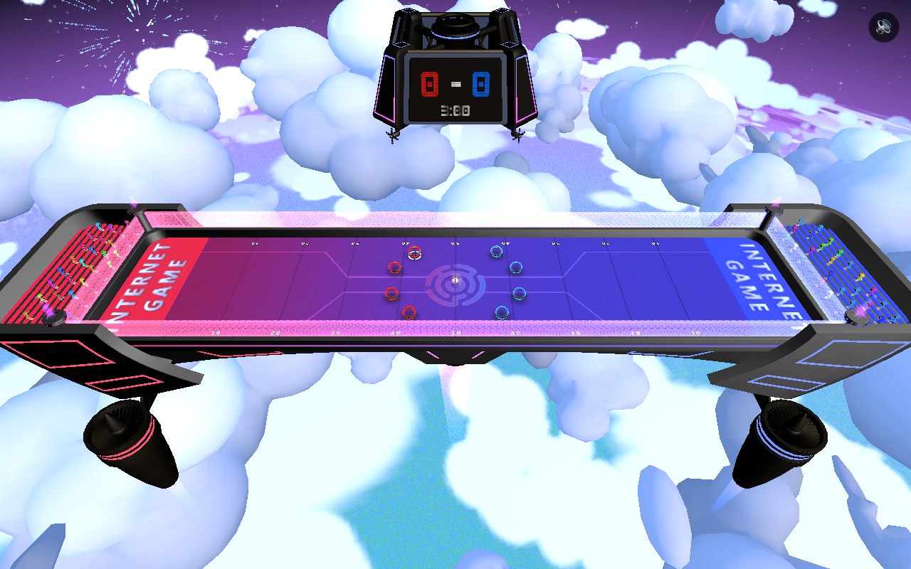 Astroball gameplay: a neon red-versus-blue pitch floating in the clouds, players lined up for kickoff.