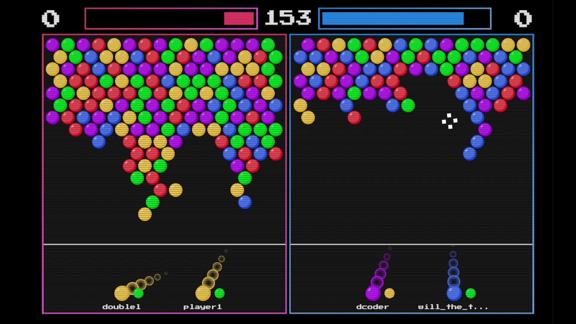 Bubble Blitz gameplay: two side-by-side boards packed with coloured bubbles, one player racing the other.